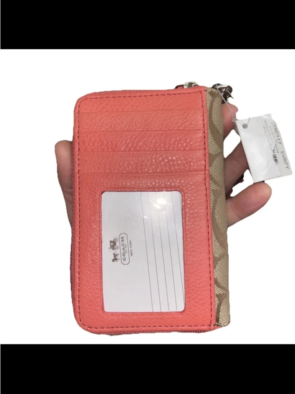 Coach Park Signature Zip Wallet Wristlet Khaki F50117 Brown Leather Clutch Coral
